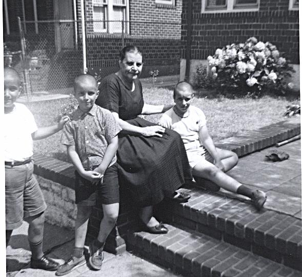 o08c.jpg - George, Gregory, Grandma, and Louis, (with shaved heads) summer of 1964