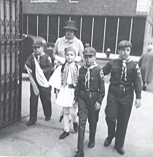 o10d.jpg - George. Mom, Gregory, cousin Louis, and me going the the Greek Independence Day Parade, 1964