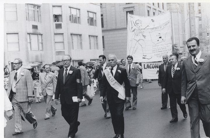 p013.jpg - The Laconian Society "Mani" marching in the Greek Independence Day Parade. Kosta Kalonaros in the center.