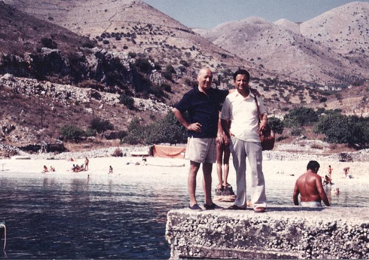 p127.jpg - Michali Kouvari and Charlie, on the pier in Kokkala, 1981.