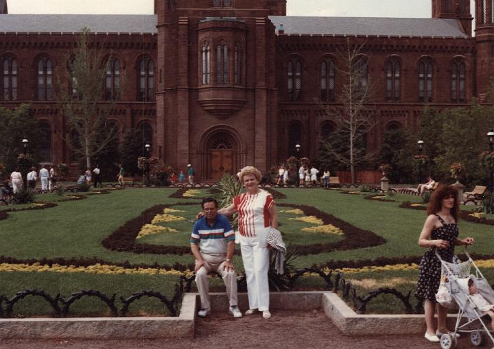 r074.jpg - Mom and Dad by the Smithsonian Castle, Washington, DC, 1988.