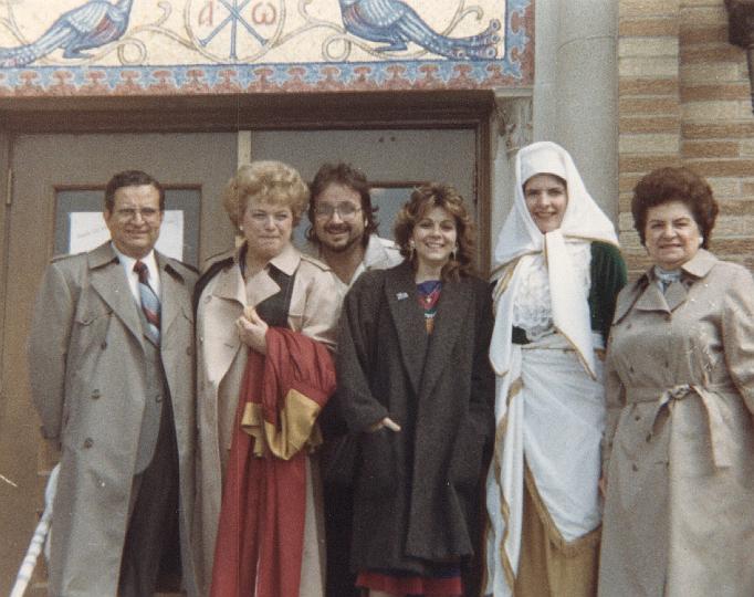 r088.jpg - Dad, Mom, George, Gina, Fran, and aunt Pauline in front of St. Demetrios Greek Orthodox Church, 1988.