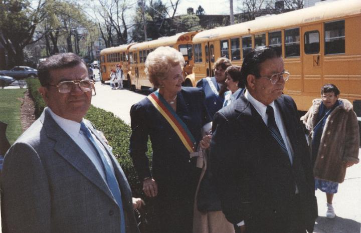 r089.jpg - Elias Papadopoulos, Mom and Dad getting ready to get on the buses for the Greek Independence Day Parade, 1988.