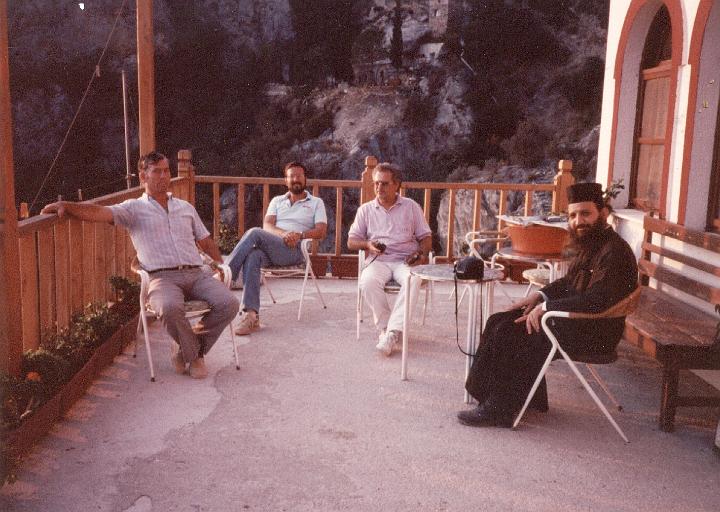 r110.jpg - Sitting on a balcony on Mount Athos, Greece, 1990. Fr. George Triantafilidi on the right.